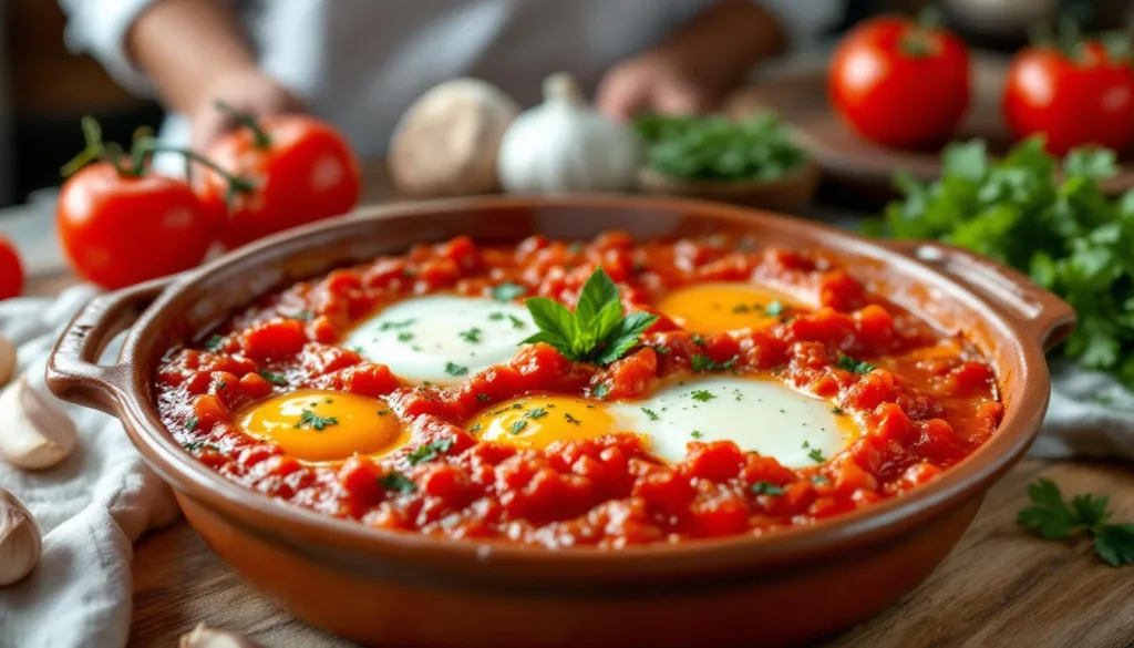 lerne vom küchenchef, wie du in nur 20 minuten leckere ofen-eier in würziger tomatensauce zubereitest – schnell, einfach und köstlich!
